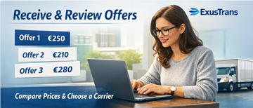 Ιδιώτης που αξιολογεί προσφορές μεταφοράς από μεταφορείς στην πλατφόρμα ExusTrans